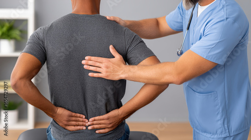 Physiotherapist treating low back pain clinic setting close-up professional environment patient care