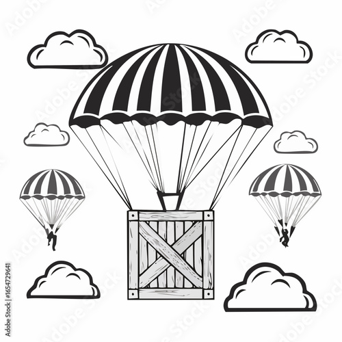 Wooden crate in the sky being delivered with parachutes image vector.