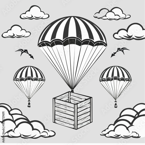 Wooden crate in the sky being delivered with parachutes image vector.