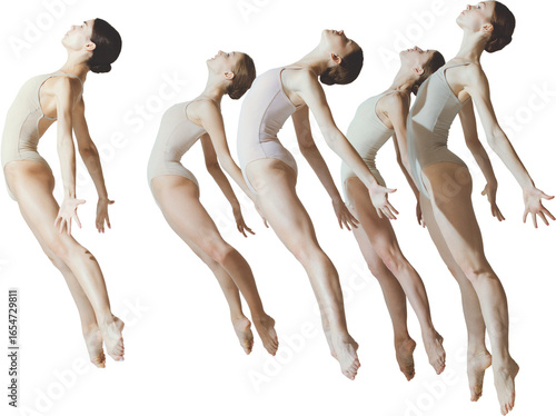 Bild auf Leinwand Line of ballet dancers captured in elegant mid-air jump with expressive emotion on transparent background