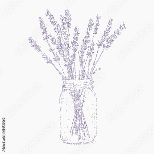 Lavender branches in a glass jar. Abstract brush mark with dusty grain noise scattered grit and soft threshold. Vintage ink fills the shape with fine imperfections.