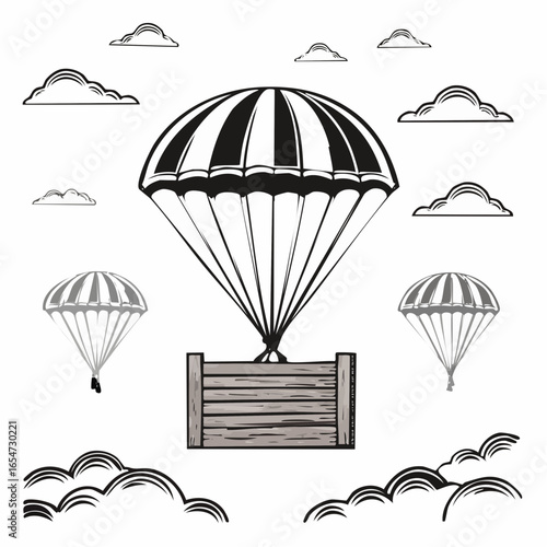 Wooden crate in the sky being delivered with parachutes image vector.