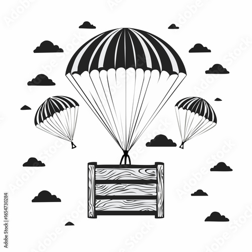 Wooden crate in the sky being delivered with parachutes image vector.