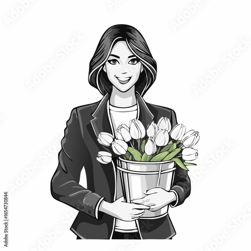 Young Woman Wearing a Jacket, Holding a Bucket of Tulip Flowers in a Vector Illustration