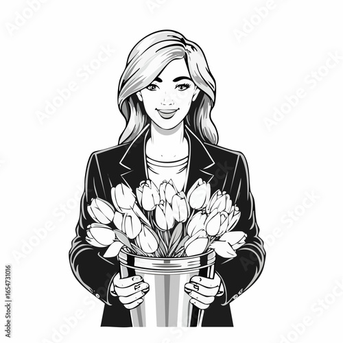 Stylish Young Woman in a Jacket, Gently Holding a Bucket Filled with Colorful Tulips