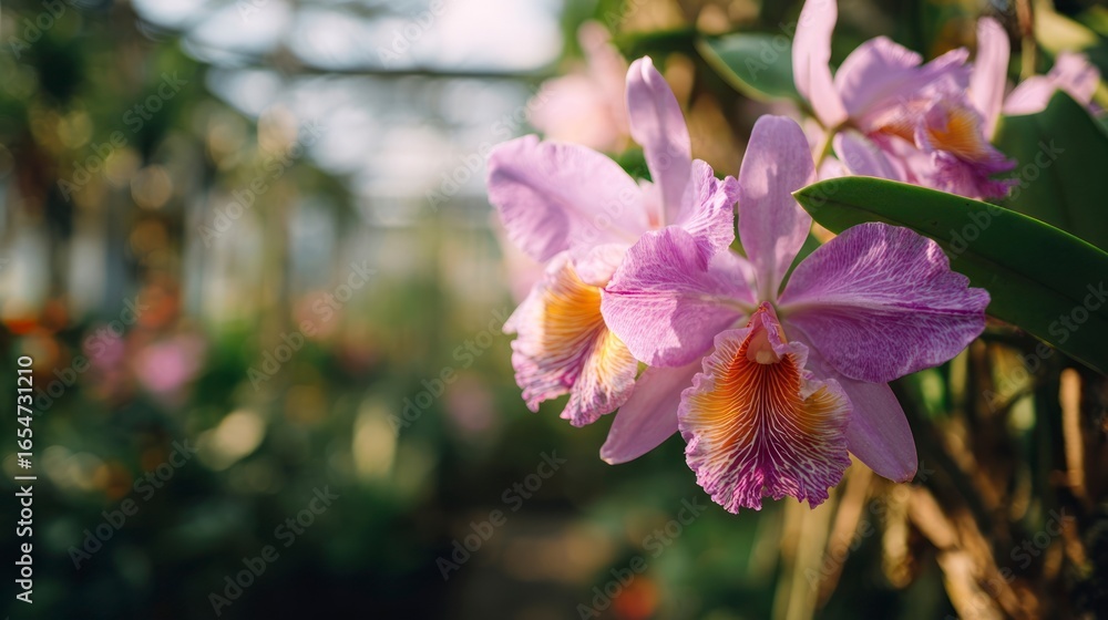 Obraz premium Pink orchid blossoms in greenhouse