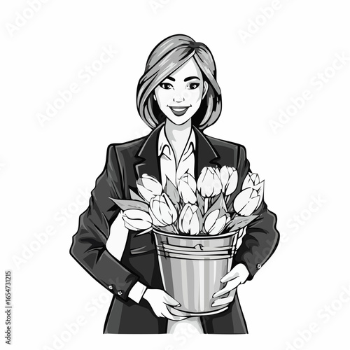Stylish Young Woman in a Jacket, Gently Holding a Bucket Filled with Colorful Tulips
