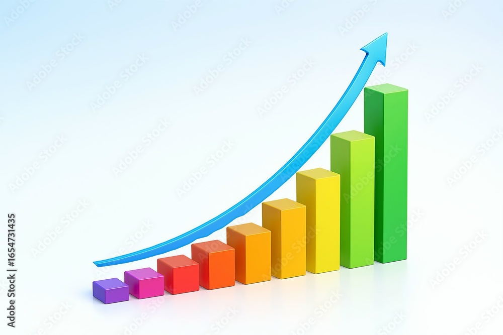 Colorful 3d bar graph showing upward trend with a blue arrow indicating growth and success Colorful 3d bar graph showing upward trend with a blue arrow indicating growth and success