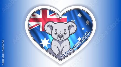 Vector sticker or icon. Inscription I love Australia. Cute cartoon cuddly koala and wavy national flag. Nice animal, australian endemic. Commonwealth of Australia