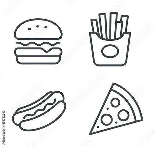 Fast food icons: hamburger, fries, hot dog, pizza in simple line art