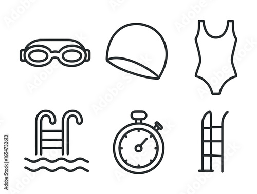 Swimming gear and pool essentials: goggles, cap, swimsuit, ladder, stopwatch