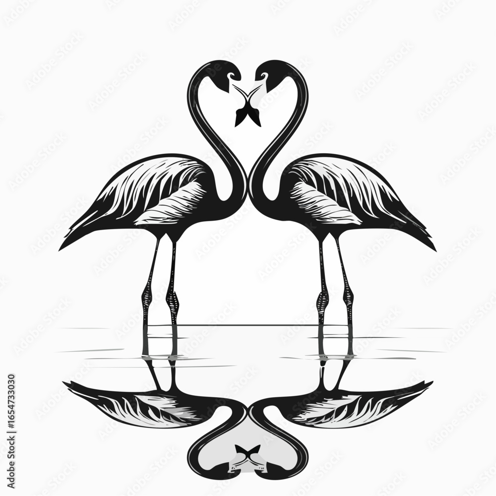 Obraz premium Two flamingos are reflected in the water with their heads together image vector.
