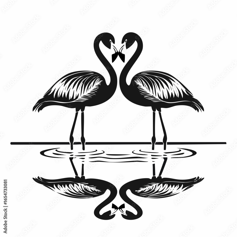 Obraz premium Two flamingos are reflected in the water with their heads together image vector.