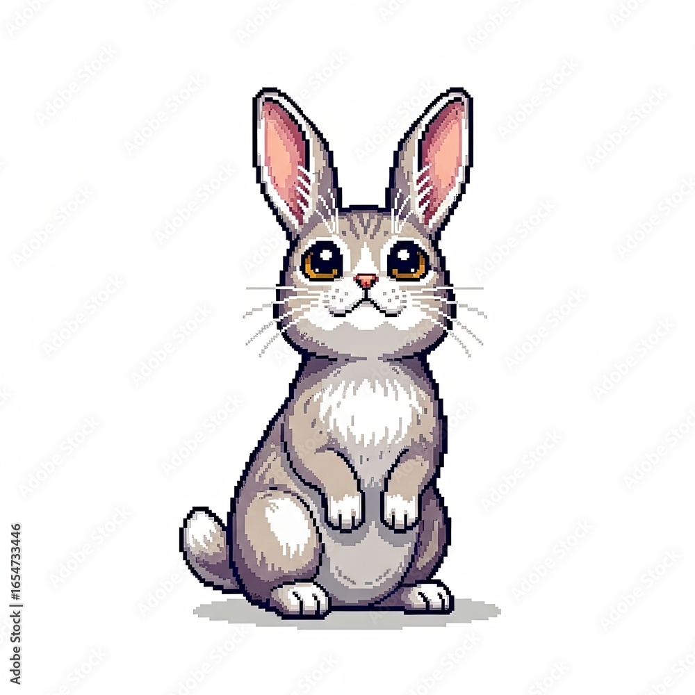 Fototapeta premium A cute, pixelated cartoon rabbit with gray and white fur sits upright, looking forward with large, expressive eyes and long ears.