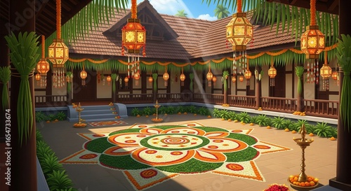 Traditional Kerala nalukettu house decorated with pookalam Onam