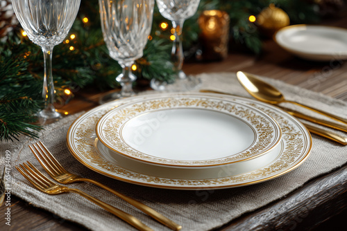 Elegant christmas new year table setting, empty plate with golden cutlery, with elegant glasses