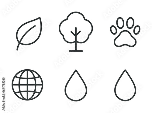 Eco-friendly icons: leaf, tree, paw, globe, water drops - simple line art collection
