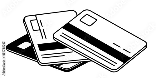 Three credit cards stacked on top of each other in a simple black and white line drawing style image