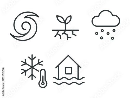 Weather and environment icons: storm, growth, cloud, snowflake, temperature, flood