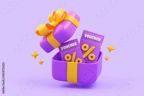 Wallpaper Mural Purple gift box with yellow ribbon opens to reveal discount coupons and golden stars Torontodigital.ca