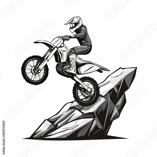Extreme Motocross Rider Conquering a Giant Rock Obstacle with Skill and Determination in Vector Art