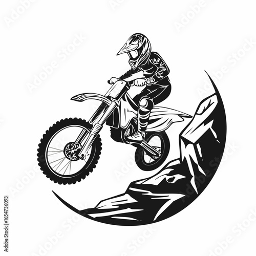 Extreme Motocross Rider Conquering a Giant Rock Obstacle with Skill and Determination in Vector Art