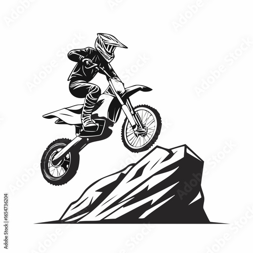 Extreme Motocross Rider Conquering a Giant Rock Obstacle with Skill and Determination in Vector Art