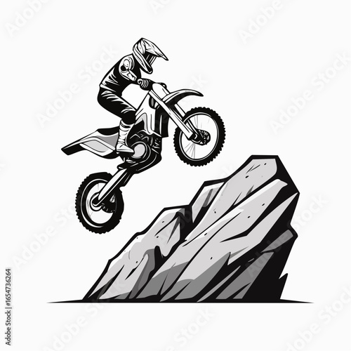 Motocross Rider Maneuvering Over a Large Rock Obstacle with Precision and Power in Vector Style