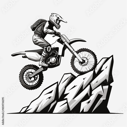 Motocross Rider Maneuvering Over a Large Rock Obstacle with Precision and Power in Vector Style