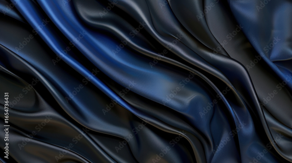 Fototapeta premium Luxurious fabric drapes elegantly, showcasing deep shades of blue and black. smooth texture and flowing patterns create sense of sophistication and depth, perfect for various design applications