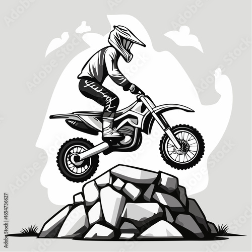 Skilled Motocross Rider Performing a Stunt on a Massive Rock Barrier in Vector Illustration