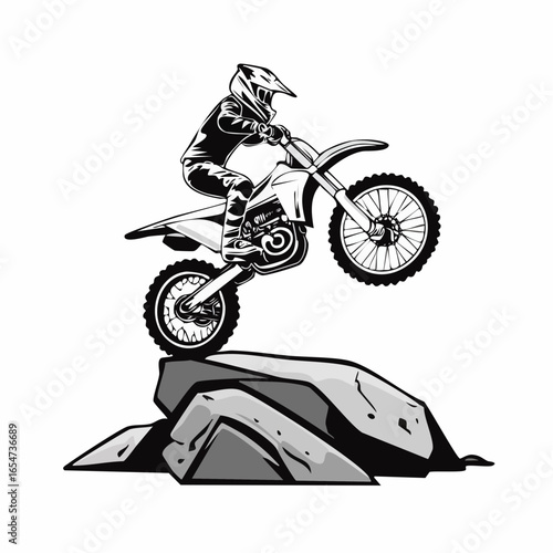 Skilled Motocross Rider Performing a Stunt on a Massive Rock Barrier in Vector Illustration