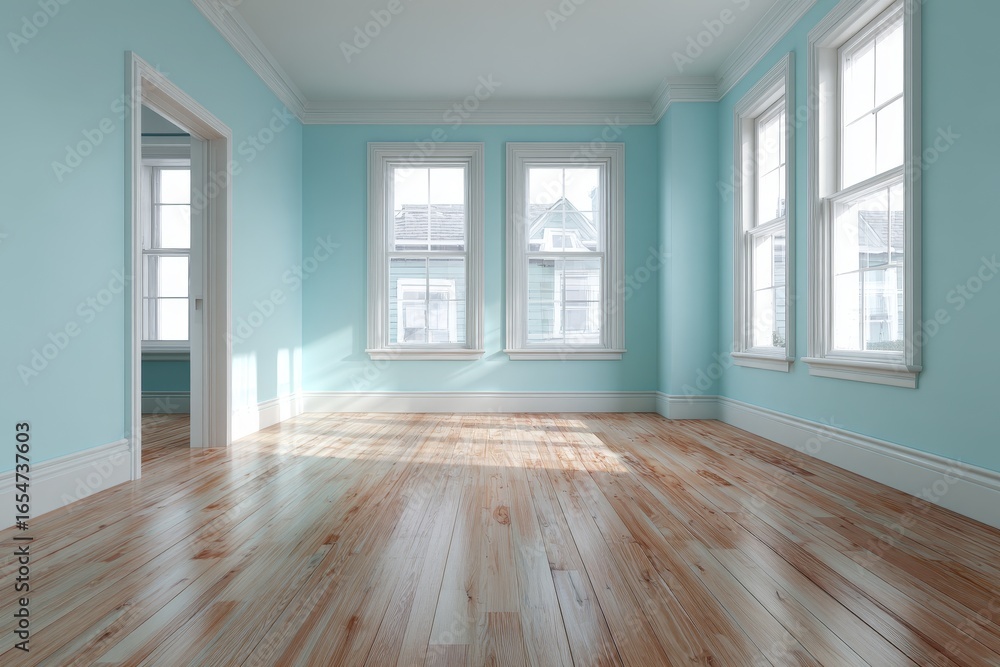 Obraz premium An empty room, bathed in light, with pale blue walls and a wooden floor.