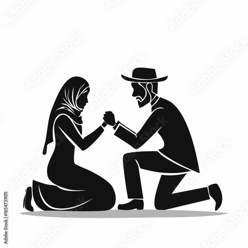 Silhouette man and woman kneeling on the ground image vector isolated on white background.