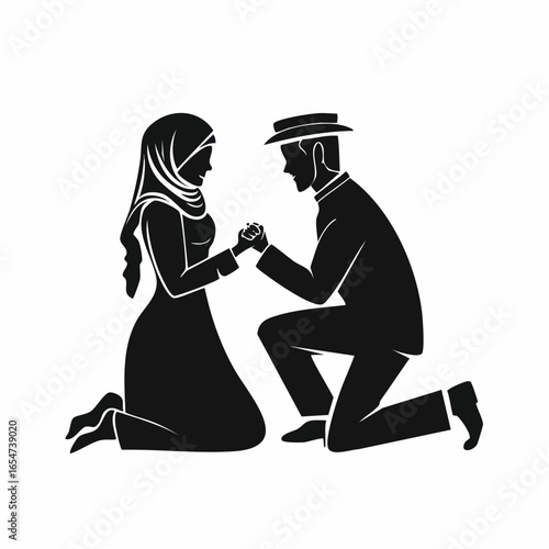 Silhouette man and woman kneeling on the ground image vector isolated on white background.