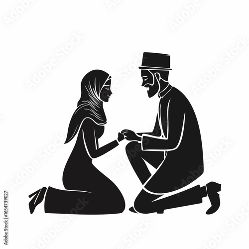 Silhouette man and woman kneeling on the ground image vector isolated on white background.