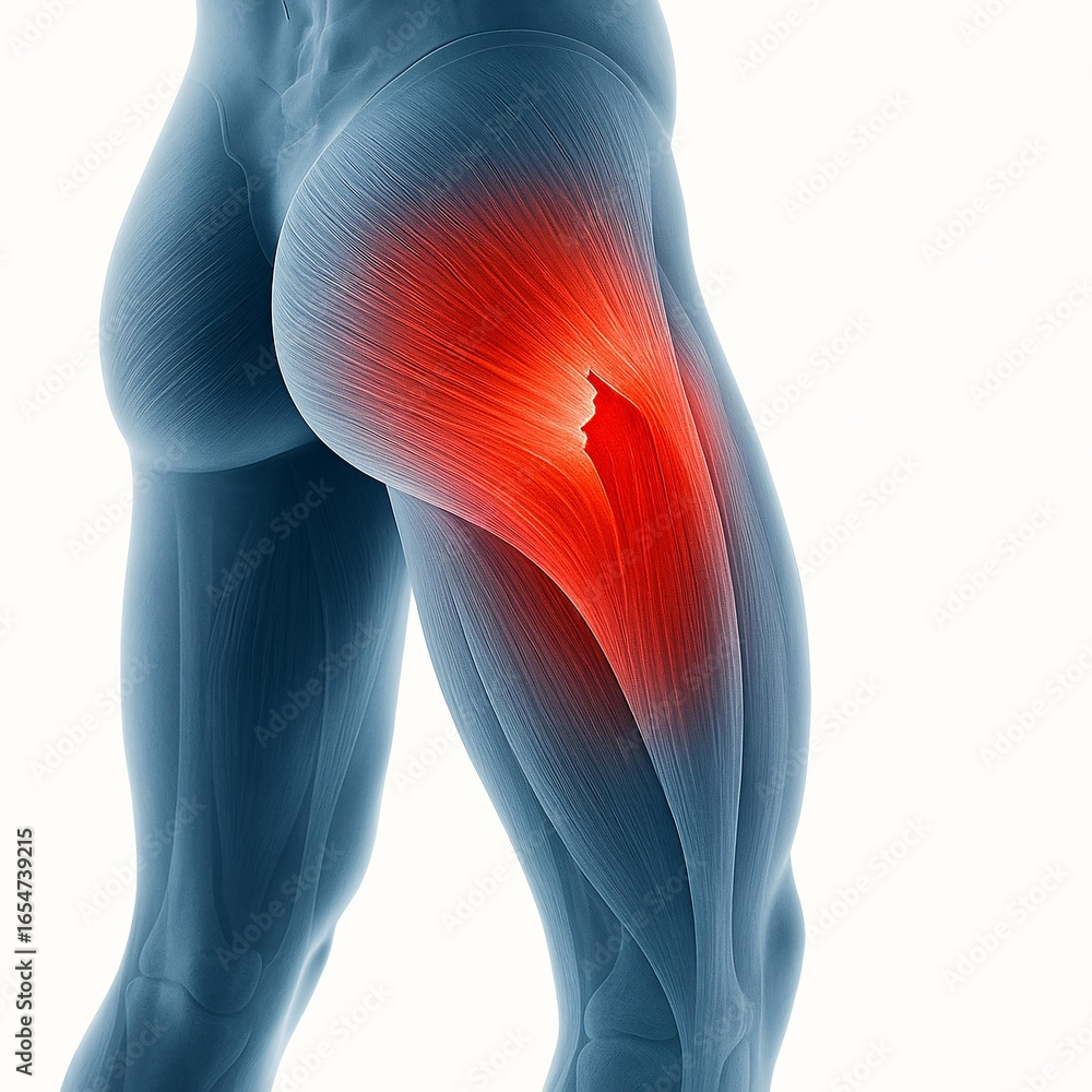 Fototapeta premium Medical Illustration of Muscle Tear in Human Thigh with Enhanced Detail