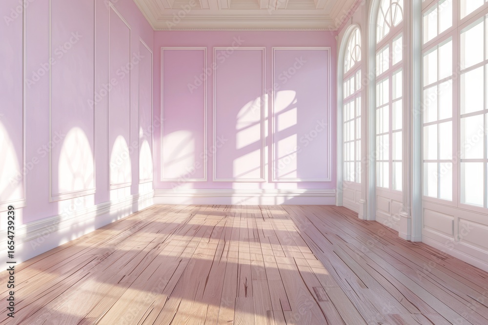 Obraz premium A sunlit, empty room with soft pink walls and ornate white trim, showcasing the play of sunlight and shadows on the light-colored wooden floor.