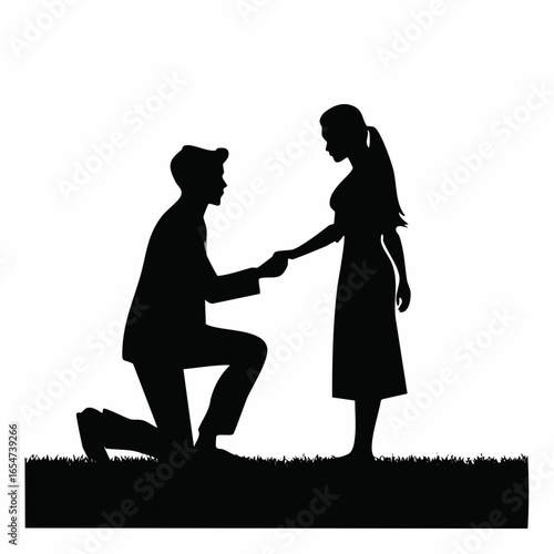 Silhouette of a man kneeling down and holding the hand of a standing woman vector image.