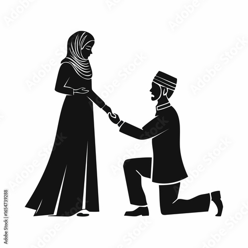 Silhouette of a man kneeling down and holding the hand of a standing woman vector image.
