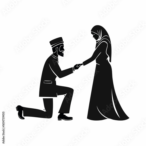 Silhouette of a man kneeling down and holding the hand of a standing woman vector image.