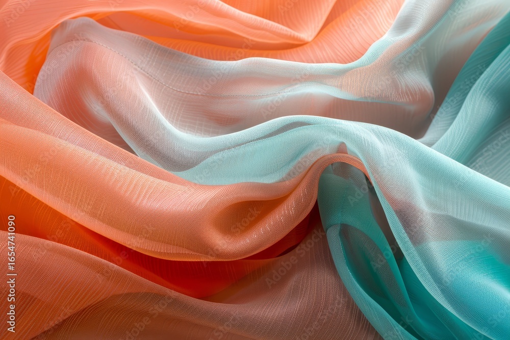 Fototapeta premium A close-up view of flowing, translucent fabric with a soft ombre effect featuring shades of peachy-orange, light-gray-white, and turquoise-teal.