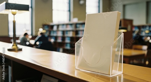 Blank flyer mockup in a holder on a library counter.