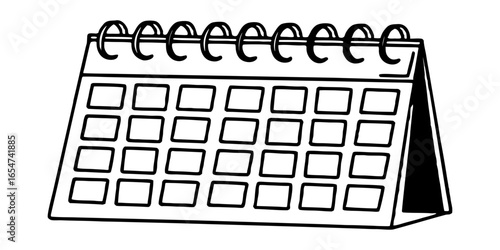 Illustration of a desk calendar with a wire binding and empty date boxes in black and white style