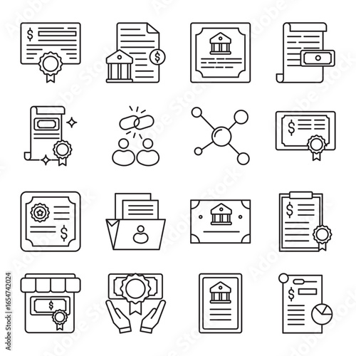 Bonds investment set of web icons in line style. bonds investment, fixed income, corporate bonds, government bonds and treasury bonds. Vector illustration