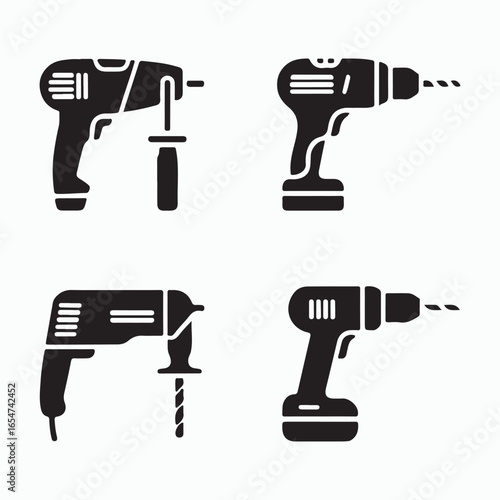 Collection of four black silhouette power drills