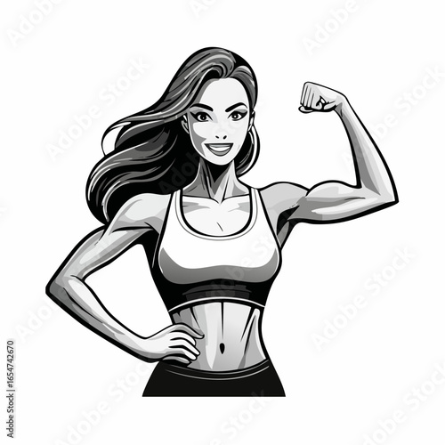 Strong Athletic Woman Confidently Flexing Her Biceps in a Bold Vector Illustration