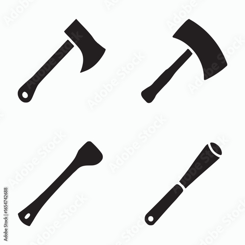 Four black silhouette icons of axes and tools on white background