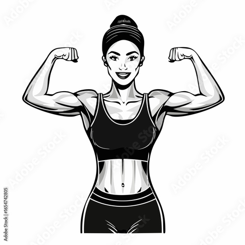 Strong Athletic Woman Confidently Flexing Her Biceps in a Bold Vector Illustration