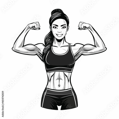 Strong Athletic Woman Confidently Flexing Her Biceps in a Bold Vector Illustration